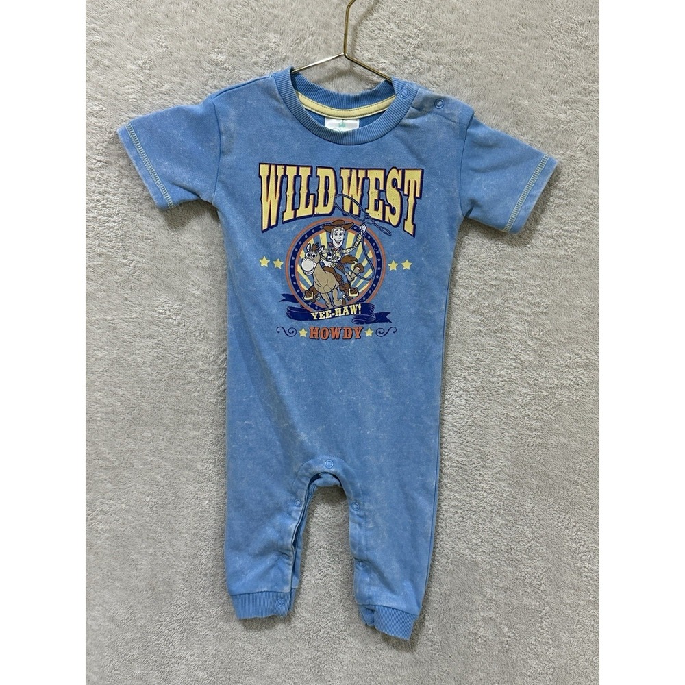 Disney Baby Toy Story Woody Romper 12M Blue Wild West One Piece Snap Howdy